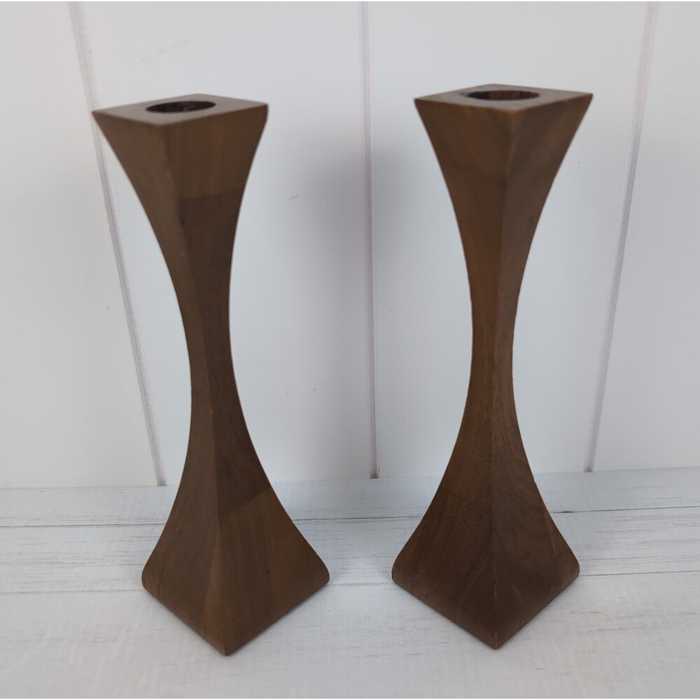 Mid Century Danish Modern Wood Taper Candlestick Pair Kustom Kraft MCM Atomic
